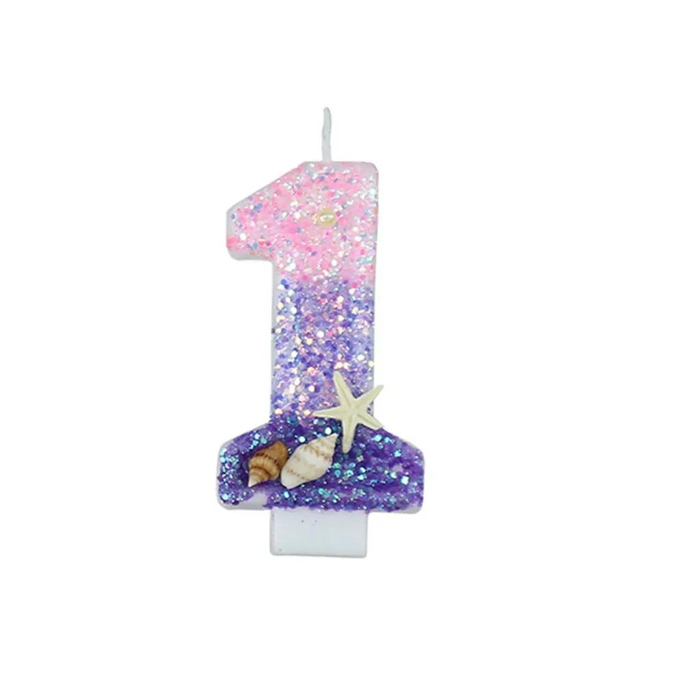 Gradiente Roxo Vela de Aniversário 1 Ano Sereia Vela de Aniversário para Bolo Brilhante Concha de Peixe Marinho Topper de Vela para Decoração de Festa
