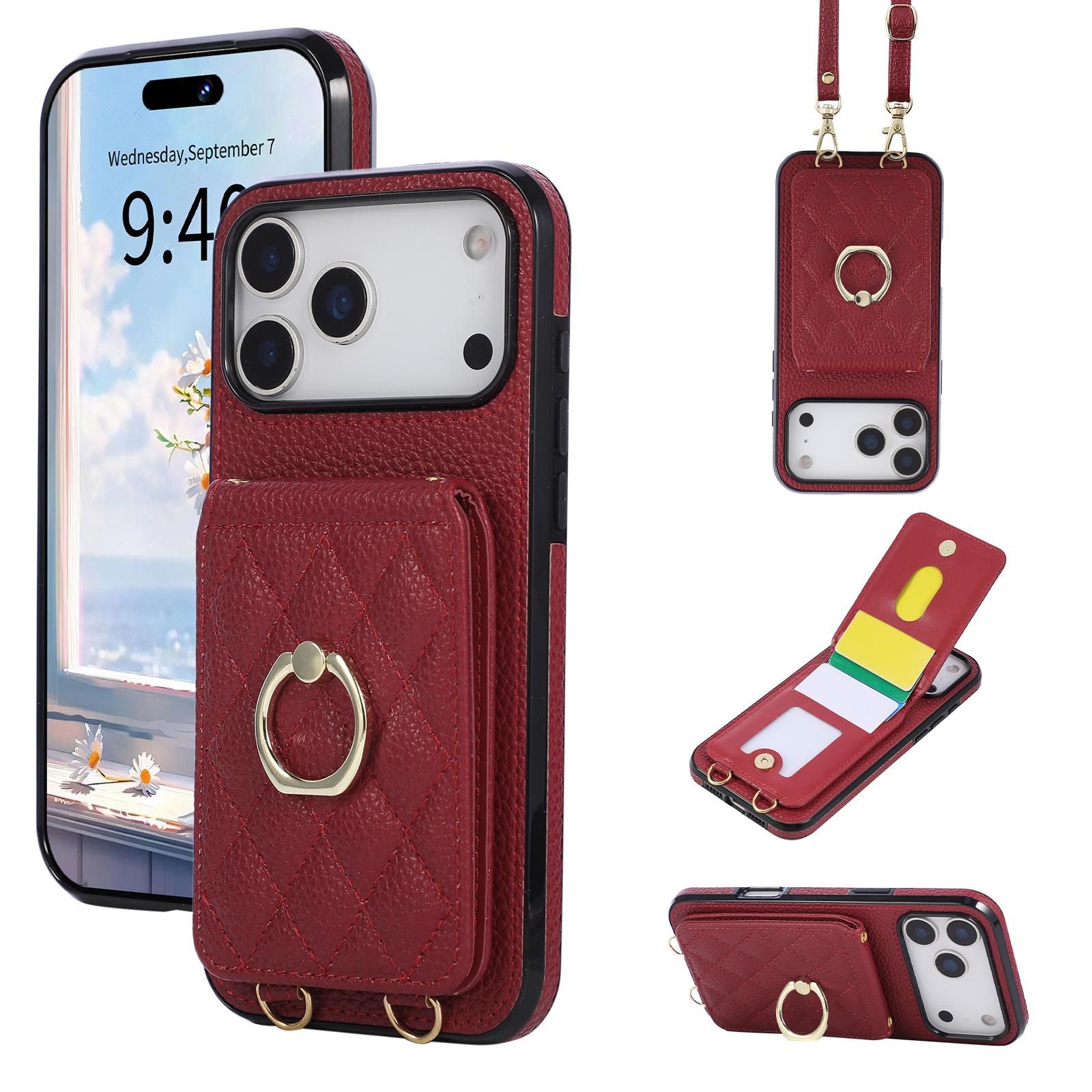 

Кошелек-чехол на шею с кольцом-держателем и слотами для карт для iPhone 17 Pro Max 16 Plus 15 14 13 12 11 с длинным ремешком iPhone 13 mini кларет