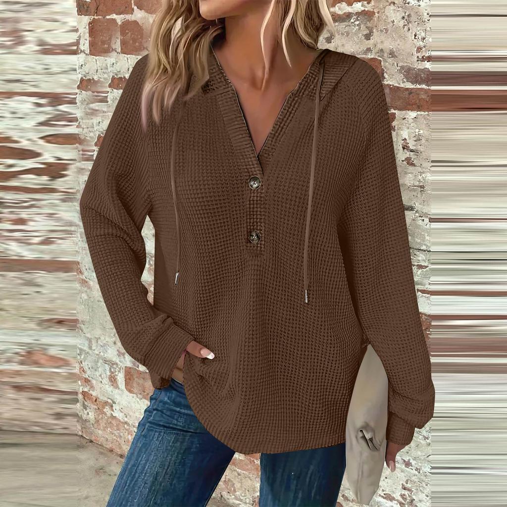Women's Fashion Long Sleeve Drawstring Hooded Button V-Neck Casual Hooded Sweatshirt Top