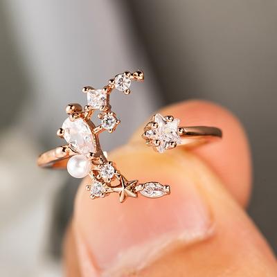 New Aesthetic Moon and Star Shaped Opening Rings for Women Crystal Cubic Zirconia White Imitation Pearl Party Fashion Rings