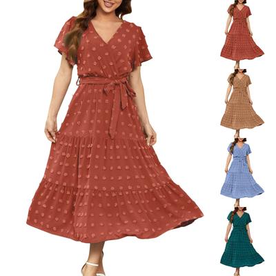 Women's Bohemian Polka Dot Dress Wrap V Neck Short Sleeve Solid Color Tie A-Line Layered Flowy Long Dresses