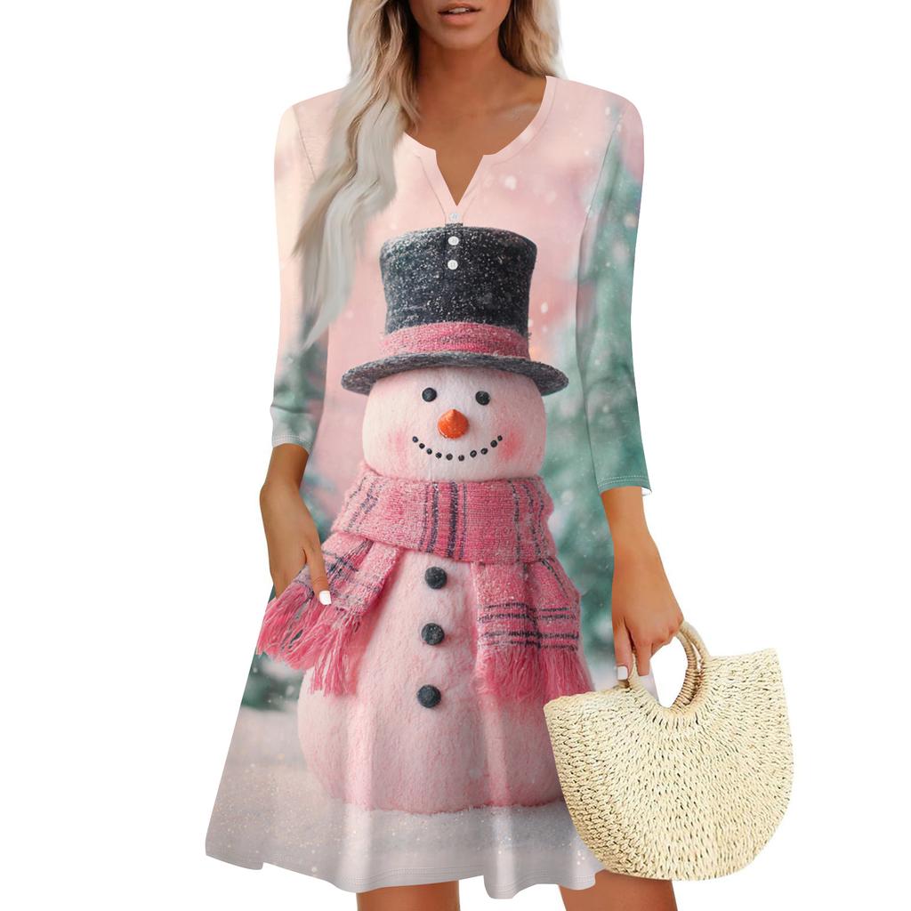 Women's Christmas Printed Fashionable V-neck Button Seven Part Cuff Pocket Dress