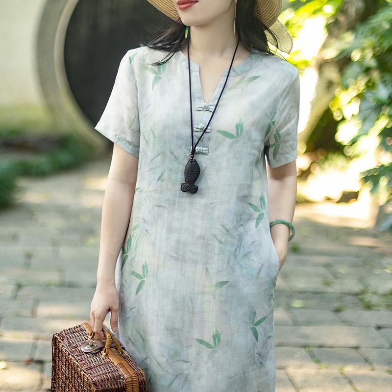 V-neck A-line Dress with Literary Bamboo Leaf Print and Frog Buttons