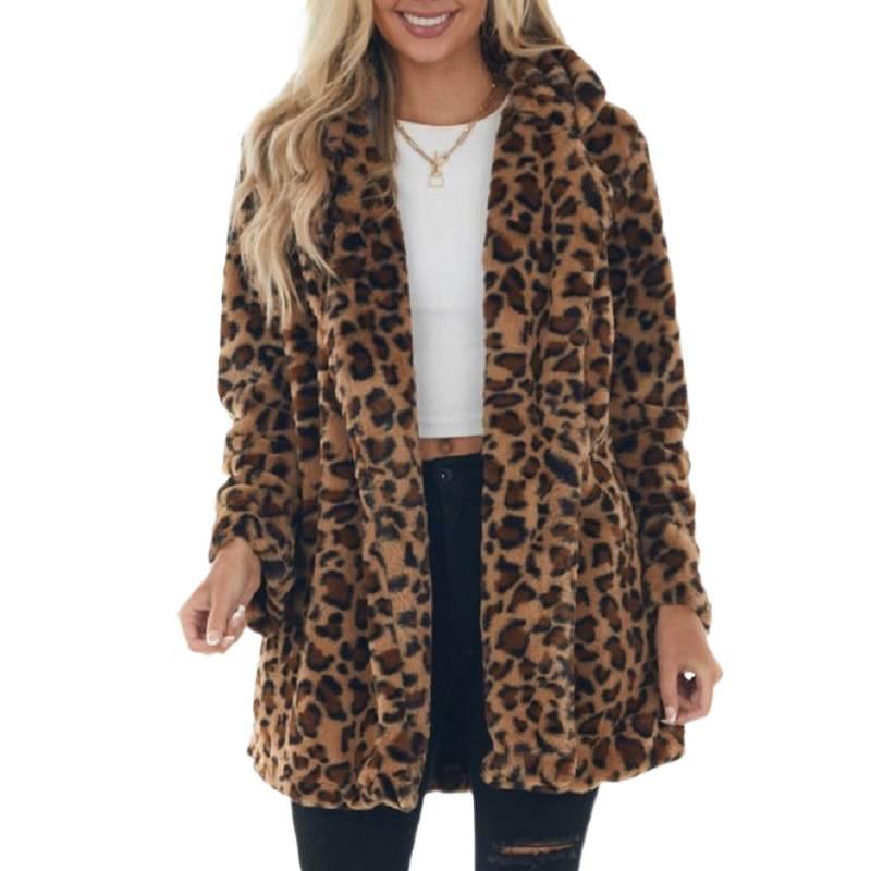 Fall/Winter Leopard Print Women's Fashionable Leather-like Coat with Pockets and Loose Fur Trim.