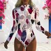 Women Plus Size High Neck Long Sleeve Front Zip Printed One Piece Swimsuit