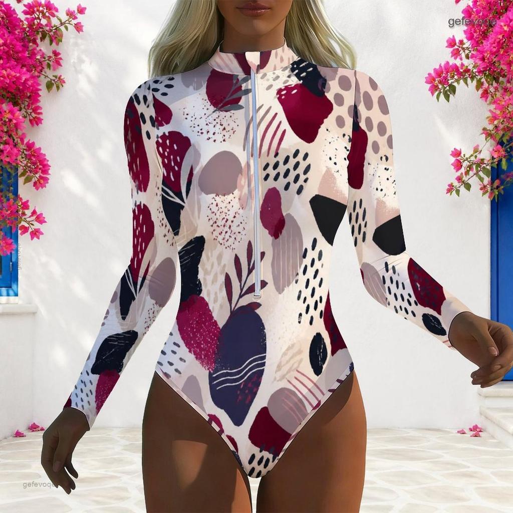 Women Plus Size High Neck Long Sleeve Front Zip Printed One Piece Swimsuit