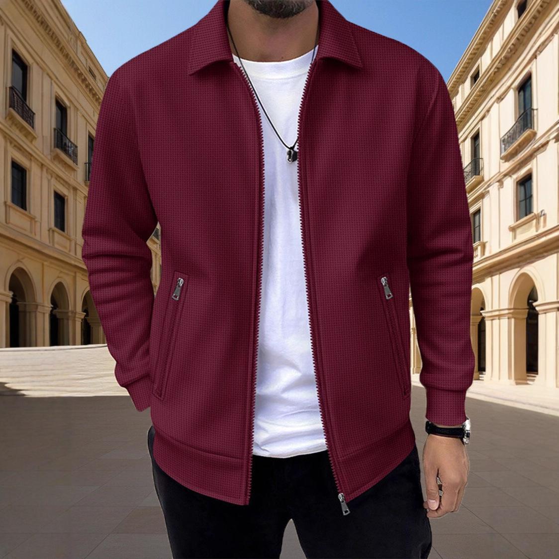 2025 Men s Slim Fit Casual Cardigan Jacket - Spring/Autumn, Zipper Pockets, Lapel Collar, Solid Color S