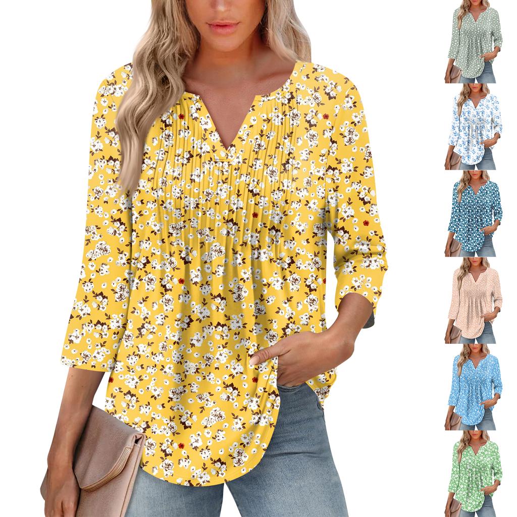 Modisches, lässiges T-Shirt mit plissiertem V-Ausschnitt und einfarbigen Siebenviertelärmeln für Damen