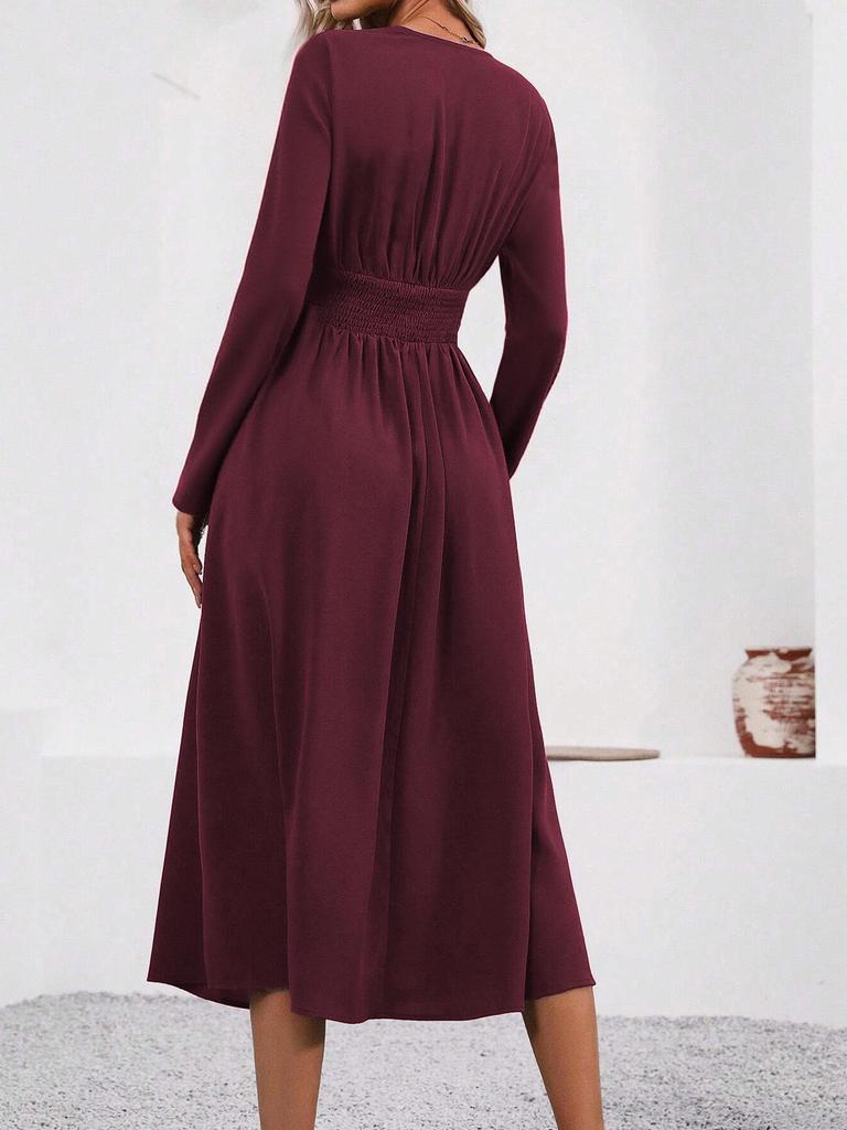 Elegant Women's V-Neck Long Sleeve Ruched Waist Dress for Autumn/Winter