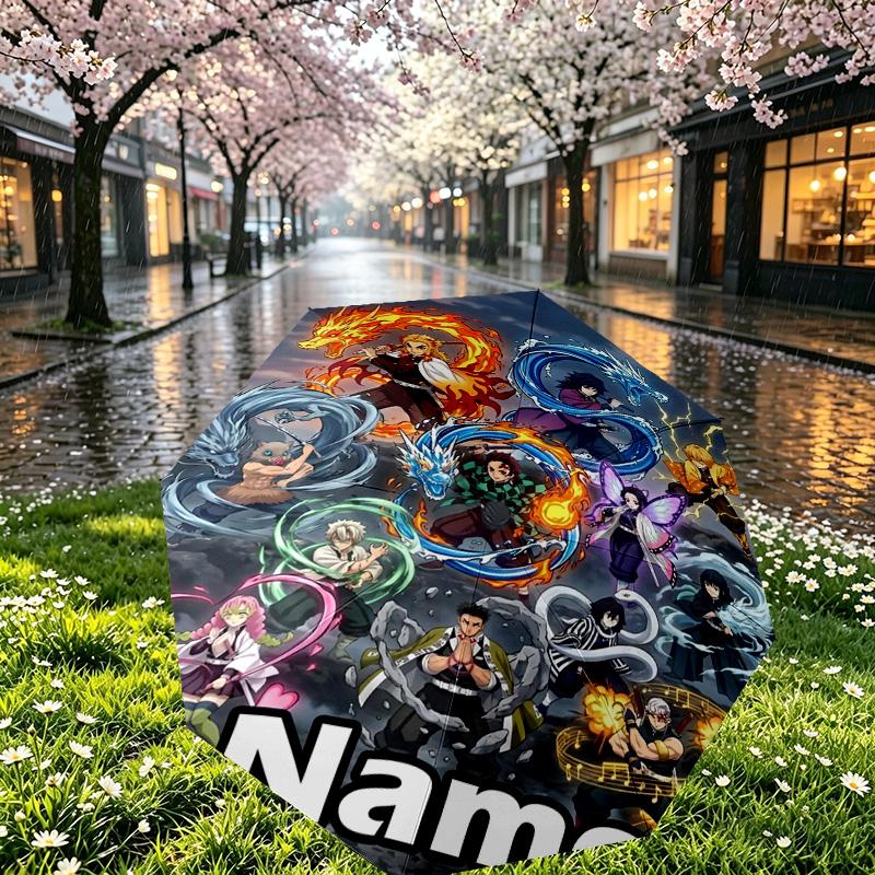Custom Name Personalized Demon Slayer Print Umbrella, Auto Open Close, 8‑Rib Sturdy Frame, Commute Camping Hiking Use, Birthday Gift