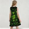 Girls Sleeveless Round Neck Shamrock Clover Printed Dark Green A Line Flared Hem Dress