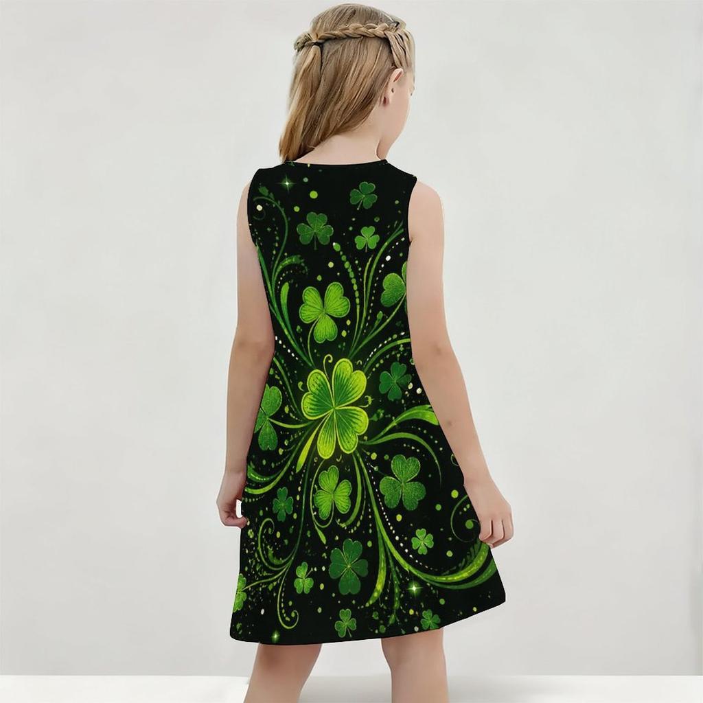Girls Sleeveless Round Neck Shamrock Clover Printed Dark Green A Line Flared Hem Dress