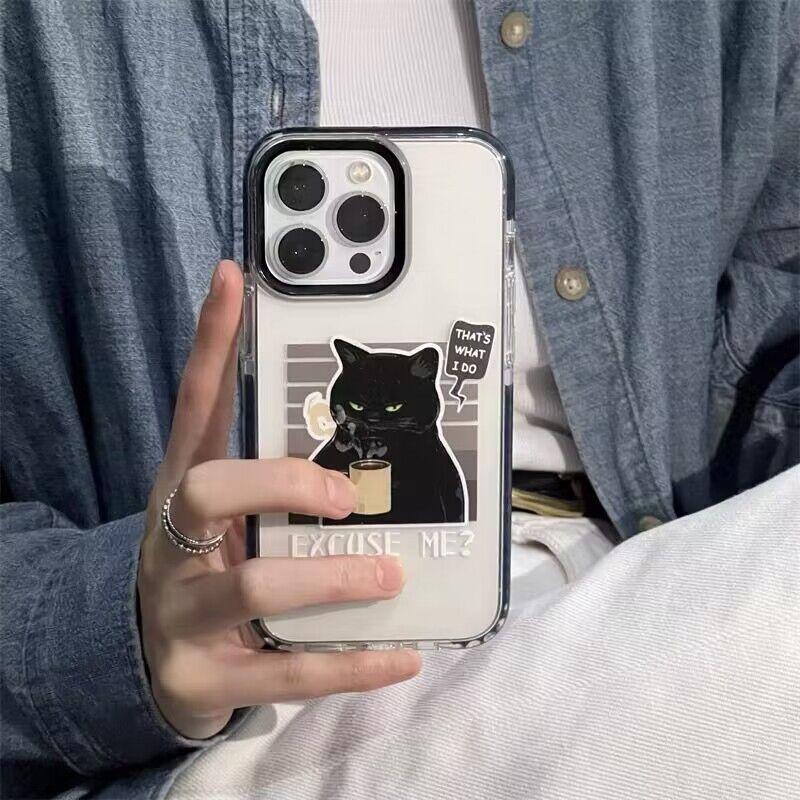 Drinking Coffee Black Cat Phone Case For iPhone 16 15 14 13 12 11 Pro Max XR XS 7 8 Plus Transparent Shockproof Silicone Cover