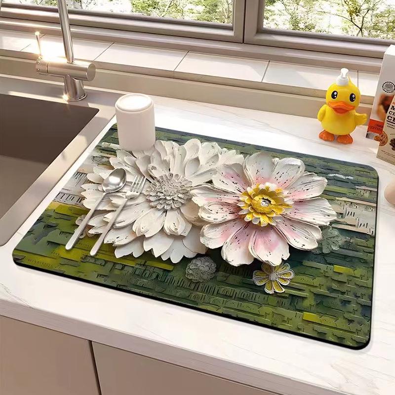 Oil Painting Style Floral Water-Absorbent, Stain-Resistant Kitchen Mat – Heat Insulation, Wear-Resistant, Easy-Clean Draining Mat