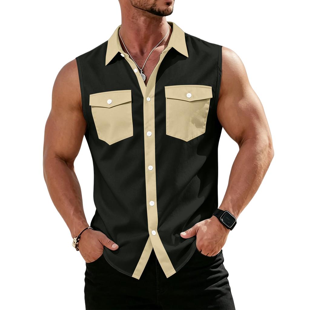 Men's Workwear Lapel Button-Down Vest Shirt - Lightweight Sleeveless Top