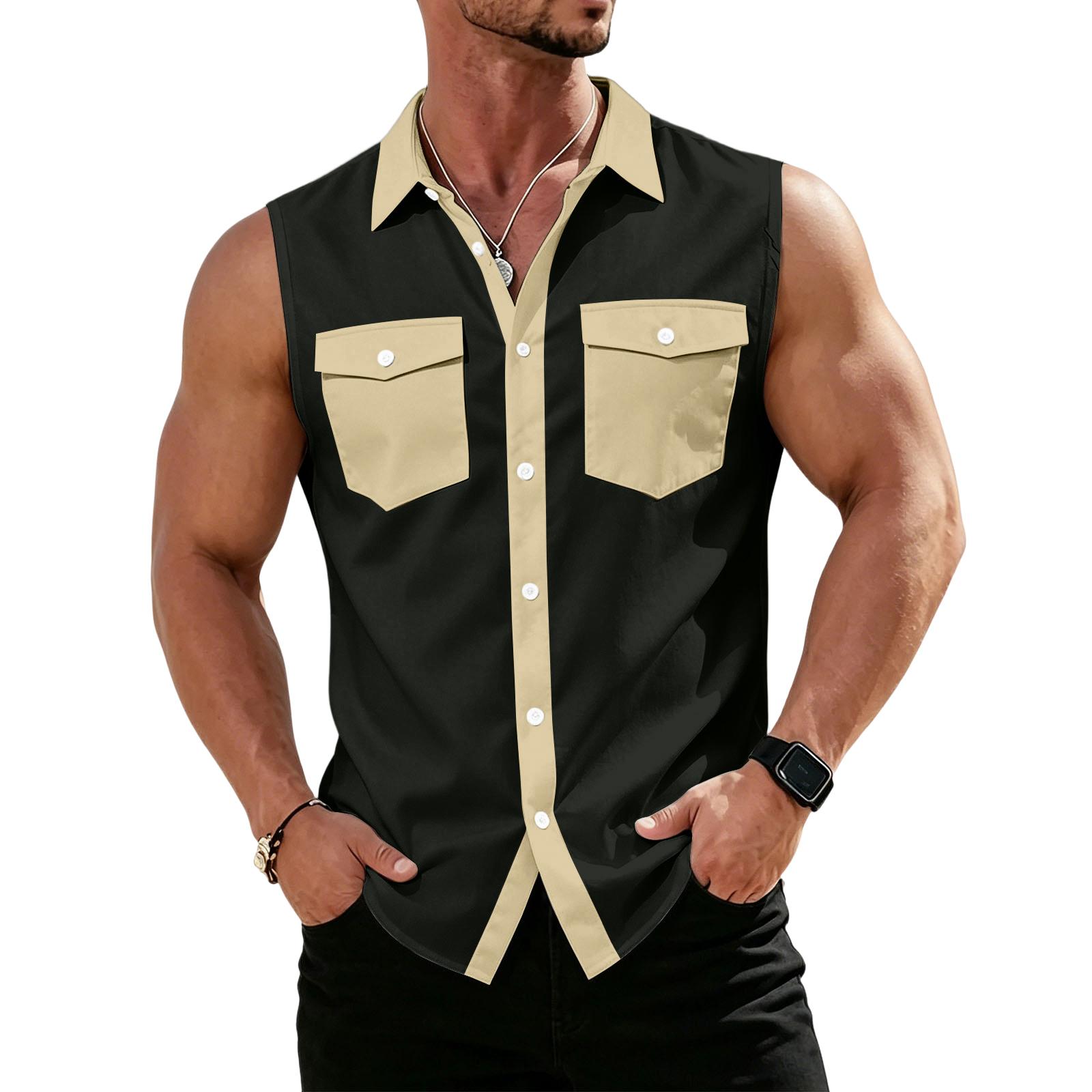 Men s Workwear Lapel Button-Down Vest Shirt - Lightweight Sleeveless Top L
