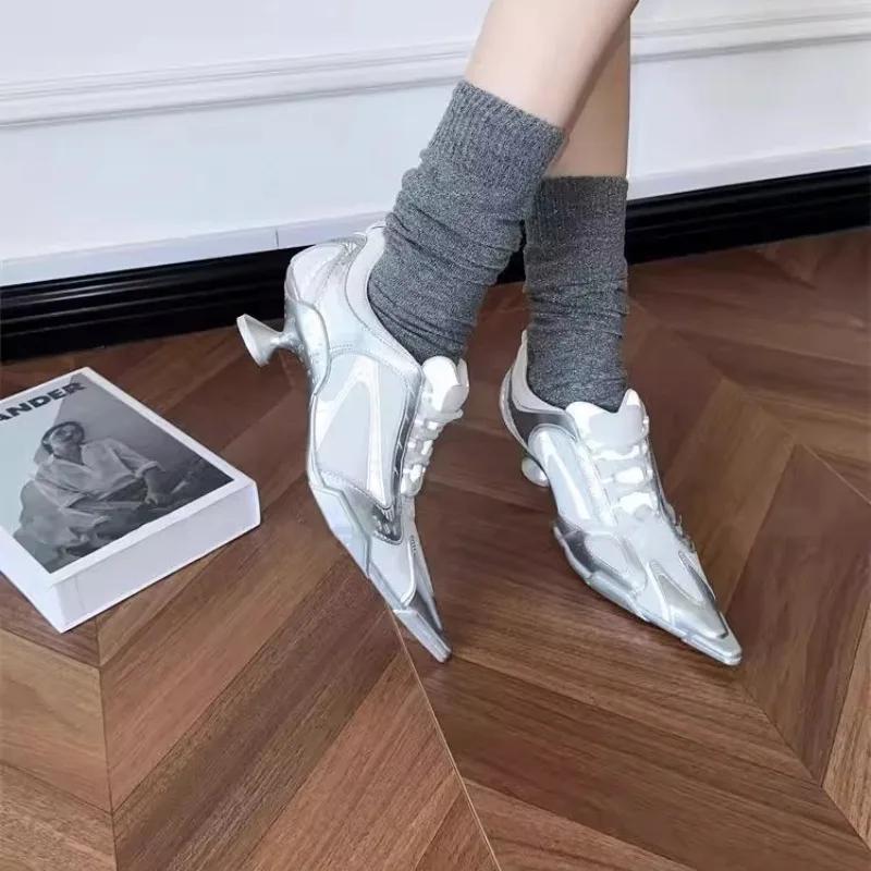 Mode 2025 Neue Sportliche Ballett Casual Schnür-Sneaker Mesh Spitzschuh Hohe Absätze Damen Stilettos Pumps Sexy Mädchenschuhe Frühling Neu