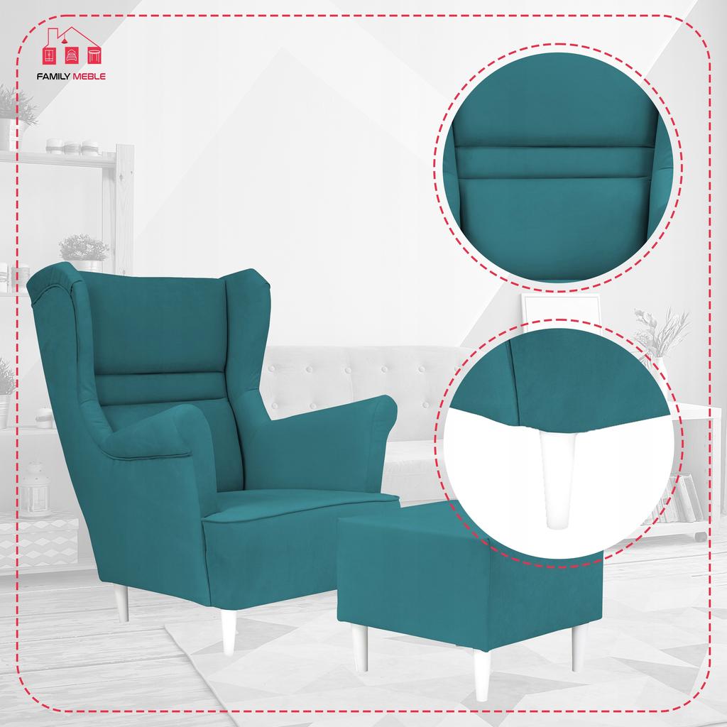 Zoja Wing Chair with Footrest Scandinavian Family Meble Turquoise Velvet