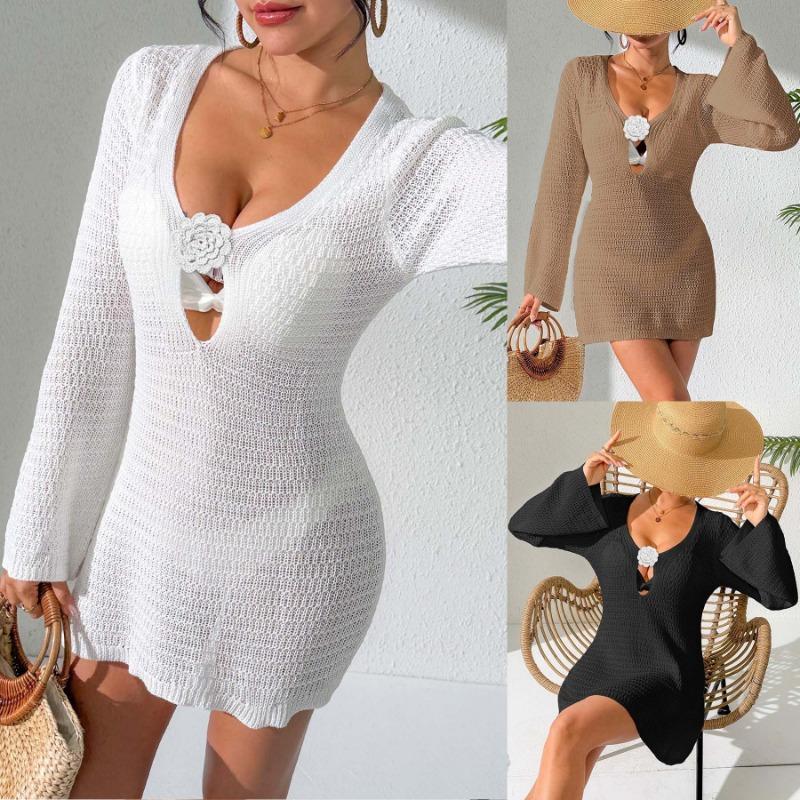 Women Sexy Deep V Hollow Out Long Flare Sleeve Crochet Flower Bodycon Mini Beach Cover Up Dress