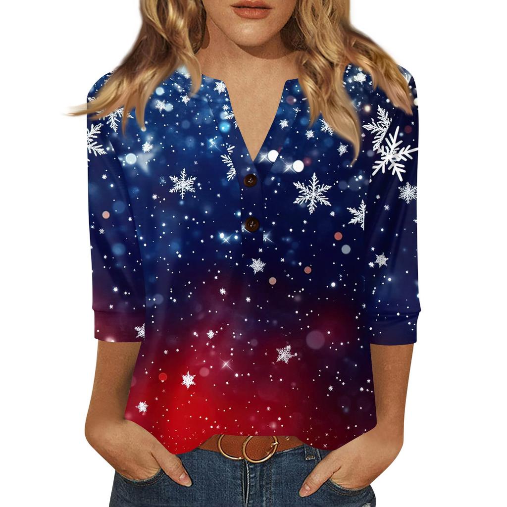 Women's T Shirt Christmas Print Button 3/4 Sleeve Daily Weekend Fashion Basic V- Neck Regular Top
