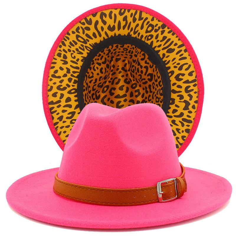Autumn and winter new leopard print woolen top hat outdoor big edge warm felt hat belt British style jazz hat Wish