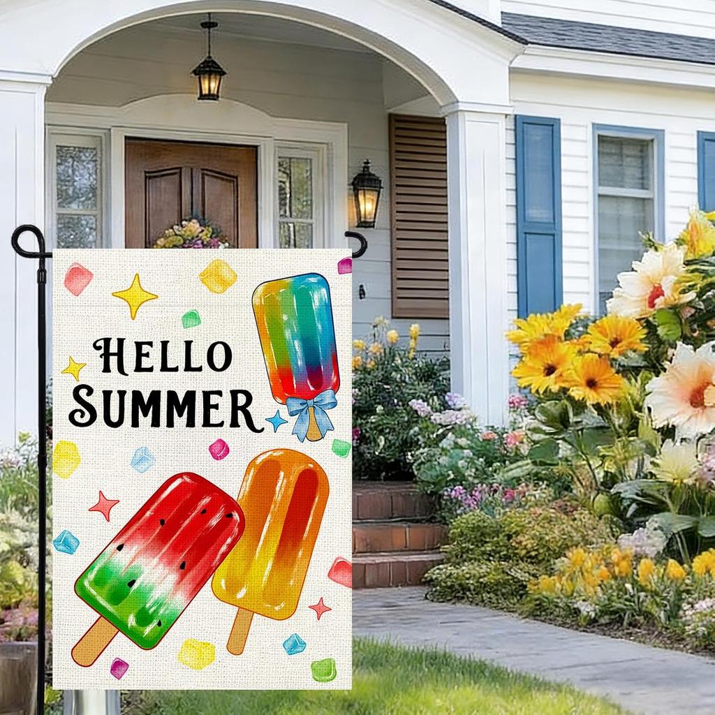 Sommer Gartenflagge 12x18 Zoll, Eis am Stiel Doppelseitige Kleine Jute-Flagge für Hof Außen Dekoration