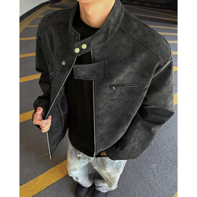 Men's Retro PU Leather Motorcycle Jacket with Stand Collar - American Style, Drop Shoulder, Thickened for Autumn/Winter