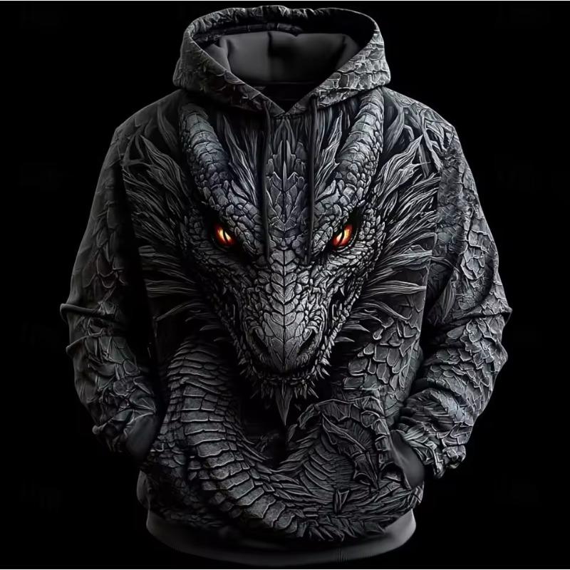 Retro Drakmönster Herrhuvtröjor 3D-tryck Kreativ Design Långärmad Casual Pullover Mode Cool Oversize Andningsbara Kläder