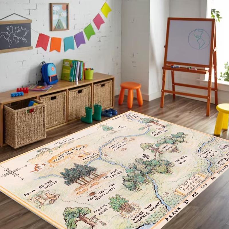 3D Hundred Acre Wood Map Carpet House Label Illustration on Green Rug, Interactive Storybook Floor Mat for Kids Playroom Fashion