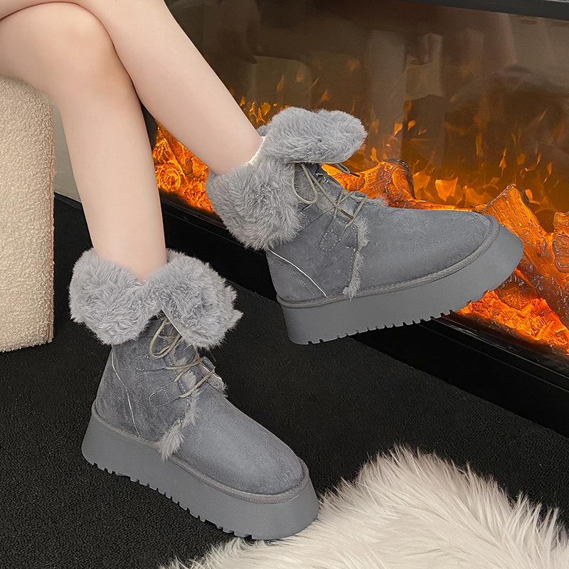 Women's fashion lightweight soft sole winter warm fur one snow boots padded lining non-slip casual sports cotton boots
