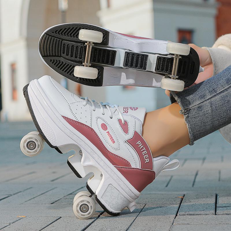 33-42 Kids/ Mens Four Wheels Sneakers with On Double Wheels Roller Sneakers Deformation Roller Skate Shoes for Girls