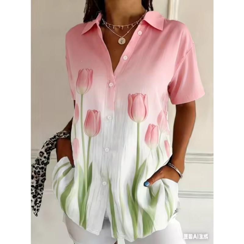 Womens Casual Comfortable Summer Short Sleeve Printed Shirt Daily Street Wear