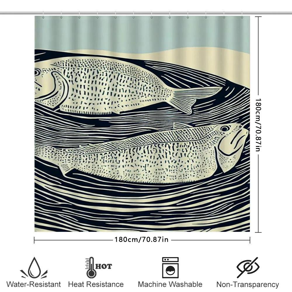 Vintage Blue Fish Print Shower Curtain For Bathroom Decor High-Quality Fabric With Hooks Included