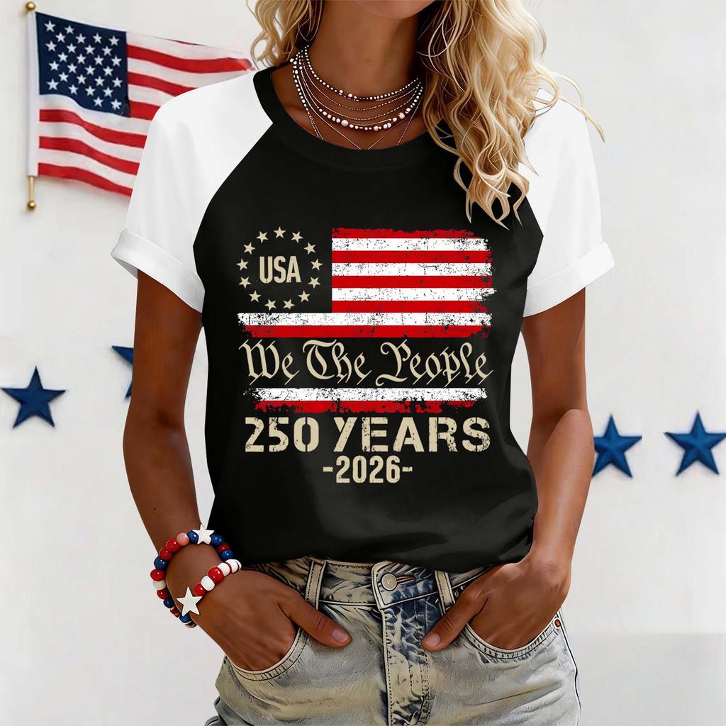 Women's Casual Short Sleeve Raglan Sleeve Crew Neck Graphic Tee Shirt with Vintage Style Patriotic Print for Everyday Wear