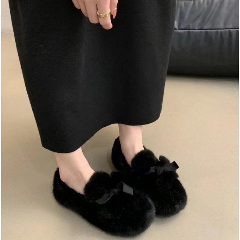 Fashion Fashion Bowknot Women Plush Flats Furry Mocasines Loafers Mujer Warm Cotton Shoes Ladies Slip On Sheep Fur Lined Shoes Zapatos