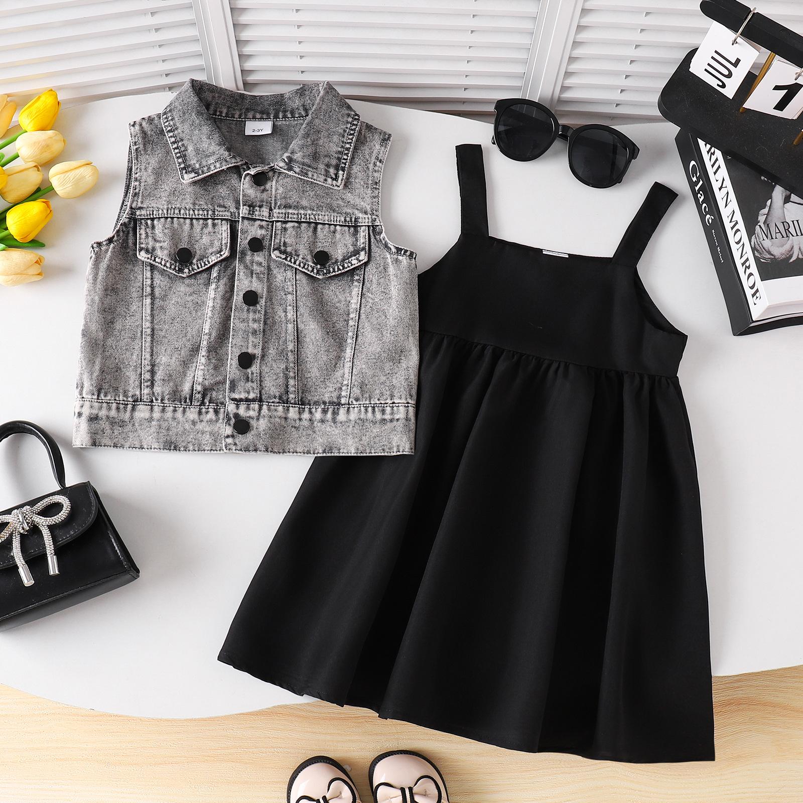 Children s Fashion Dress: Summer Girls Washed Denim Vest-Style Strapless Dress 2-3Y