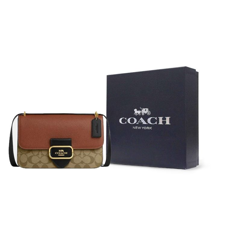 Coach Morgan Square 25 Classic Monogram Flap Snap Fabric With Leather Shoulder Crossbody Bag Medium Women bags Khaki Brown CM713-IME7V