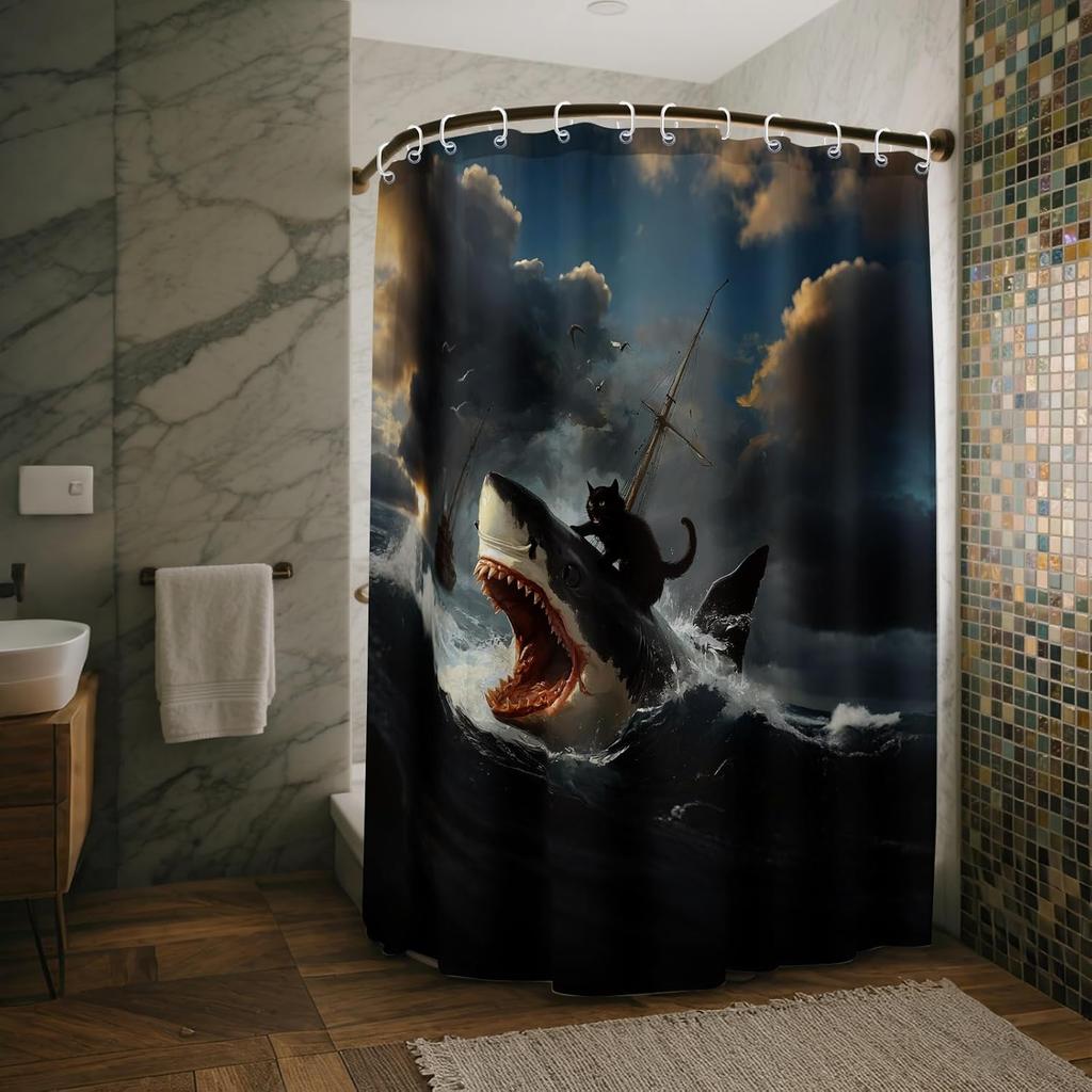 Funny Black Cat Shower Curtains Abstract Quirky Cat and Shark Barn Door Decor Polyester Fabric Waterproof Bathroom Curtains Set