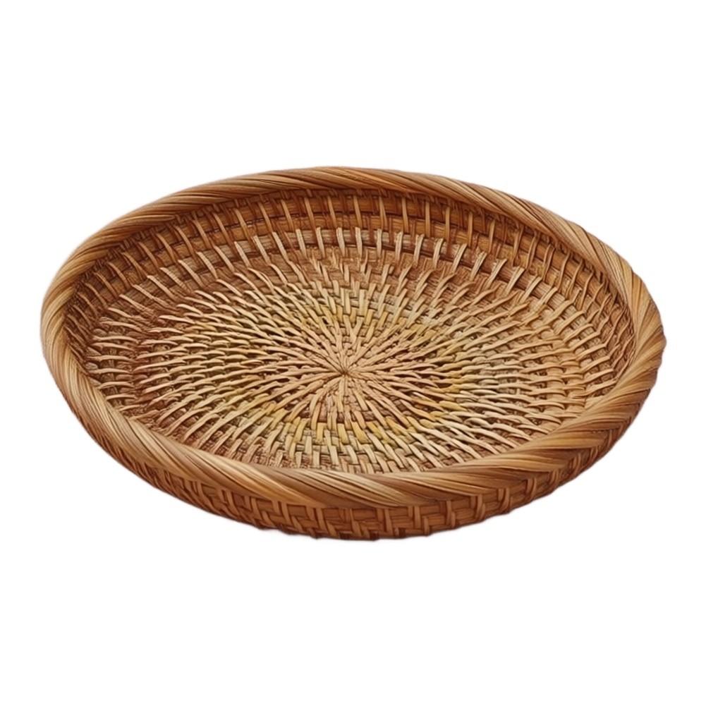 Natural Rattan Fruit Basket Round Shallow Tray for Home Decor Coffee Table Dining Table and Snack Organization