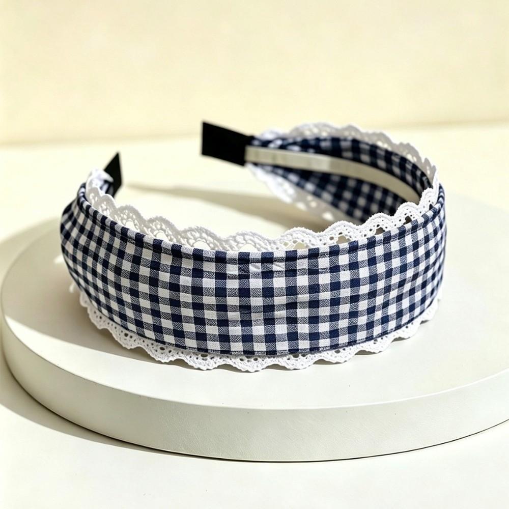 White Lace Trim Wide Plaid Hairband Wide Design White Lace Hair Hoop Casual Outfit