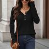 Autumn Winter Solid Color Round Neck Button Loose Long Sleeve T-Shirt Top for Women