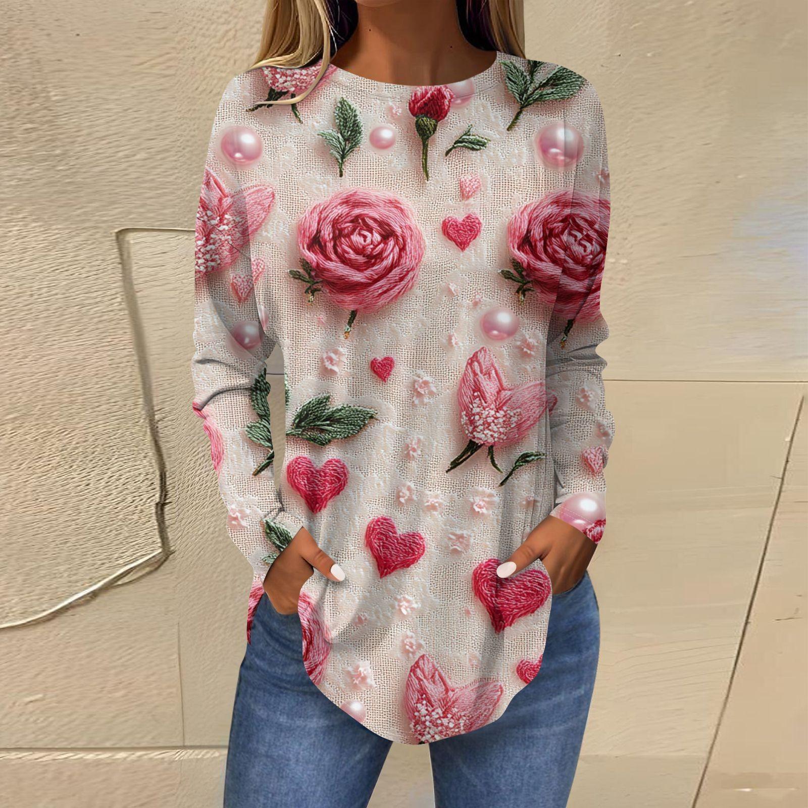 

Женская модная свободная футболка с круглым вырезом и длинным рукавом с принтом XL арбуз красный