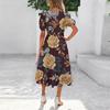Women's Summer Short Sleeve Round Neck Waistband Bohemian Flowy Layered Maxi Dress With Pockets