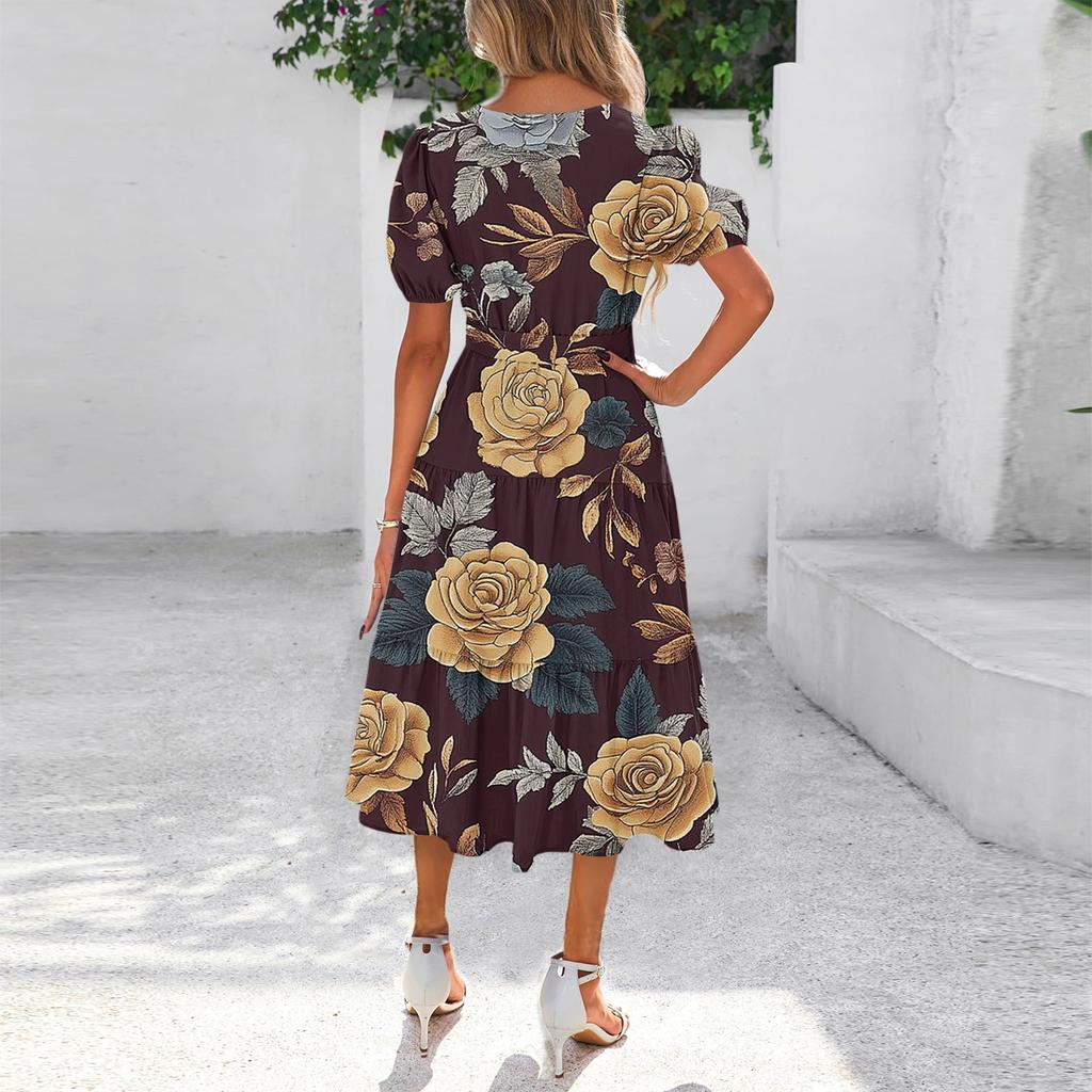 Women's Summer Short Sleeve Round Neck Waistband Bohemian Flowy Layered Maxi Dress With Pockets