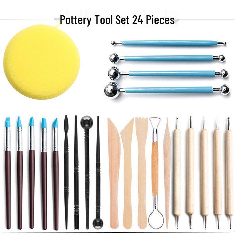 

Набор из 24 предметов для керамики и скульптуры: Губка, Кисть, Палочки, Двусторонние инструменты для точечной росписи для работы с глиной.