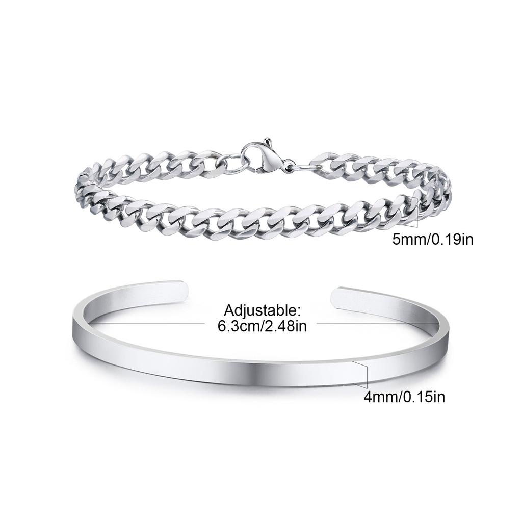 Men's 2pcs Set Simple Fashion Cuban Snake Link Chain Bracelet Stainless Steel Open Cuff Bangle Punk Hip Hop Jewelry Set Gifts
