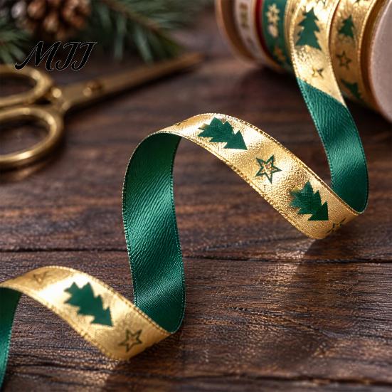 Metallic Christmas Tree Pattern Ribbon Gold Foil Ribbon, Merry Decorative Fabric Flexible for Holiday Crafts Gift Packing, Xmas Party Decorations