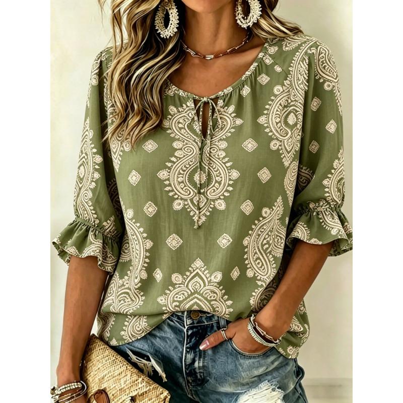Women's Light Blue Paisley Print Tie Front Blouse, Casual Loose Top for Spring Summer Daily Wear