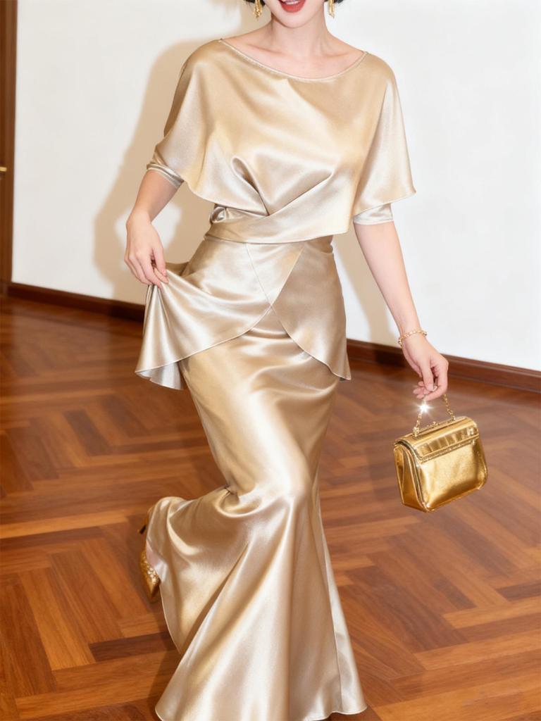 Elegant Champagne Acetate Suit for Women: Satin Top & Fishtail Skirt Set (Spring/Autumn)