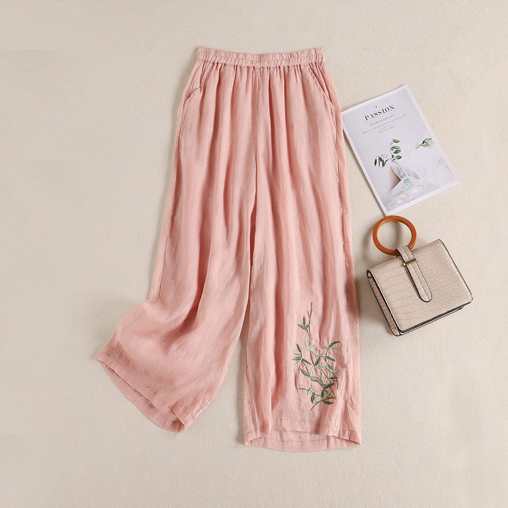 Thin Style Summer Women Loose Cotton and Linen Elastic Waist Solid Color Wide Leg Pants Casual Embroidery Trousers